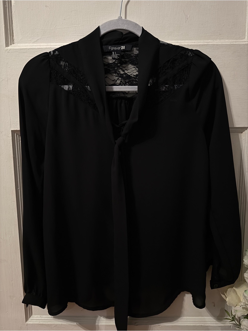 Forever 21 Black Lace Tie-Neck Blouse